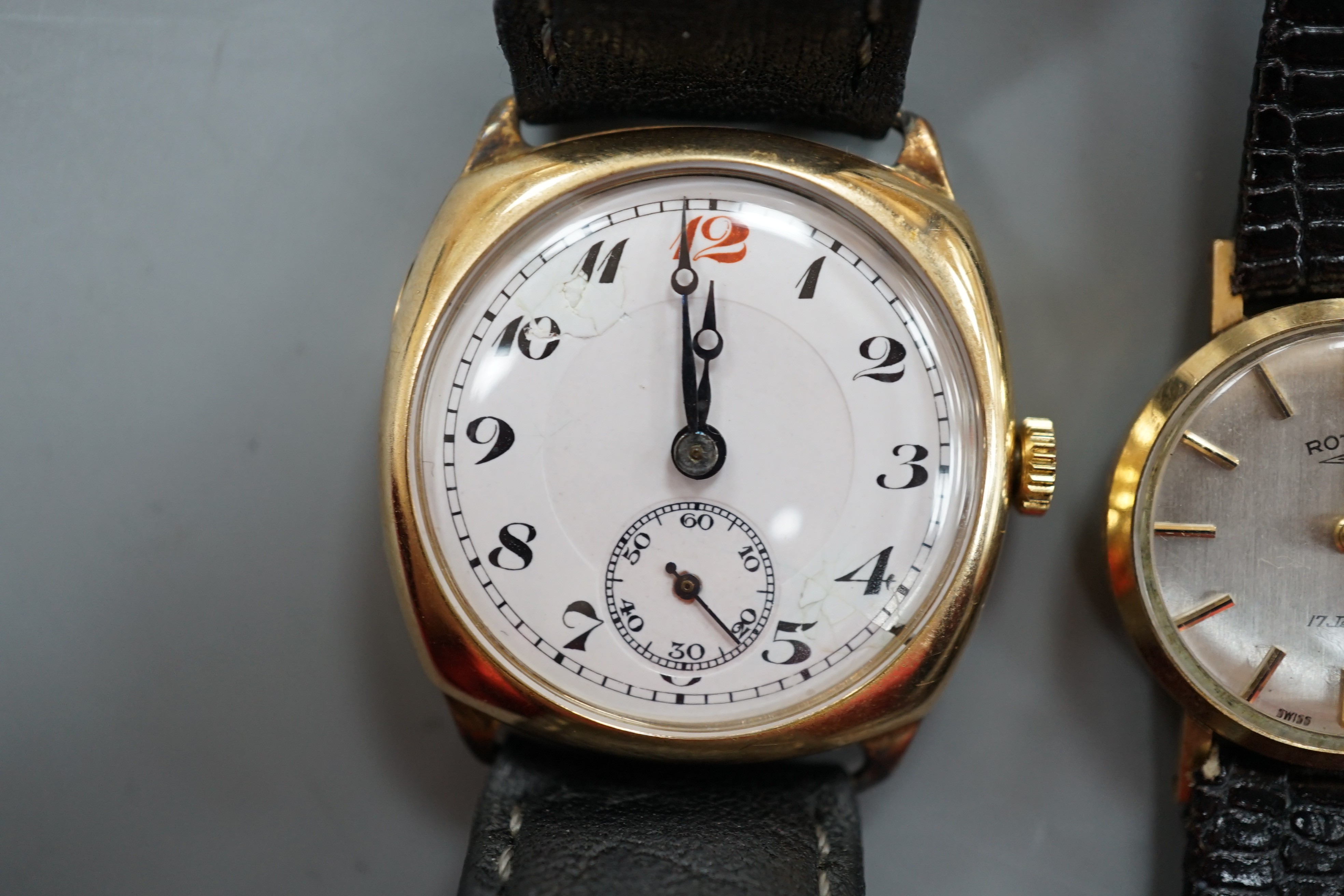 A gentleman's 1930's 9ct gold manual wind wrist watch, with Arabic dial and subsidiary seconds, together with a lady's yellow metal Rotary manual wind wrist watch, both on associated leather straps.